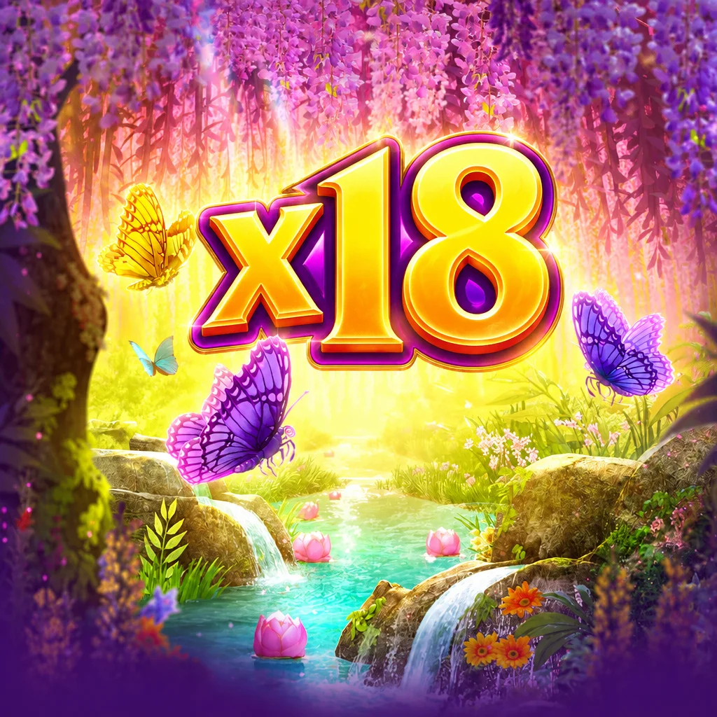 Nuansa alam kupu-kupu dan bunga dari game Butterfly Blossom dengan logo x18