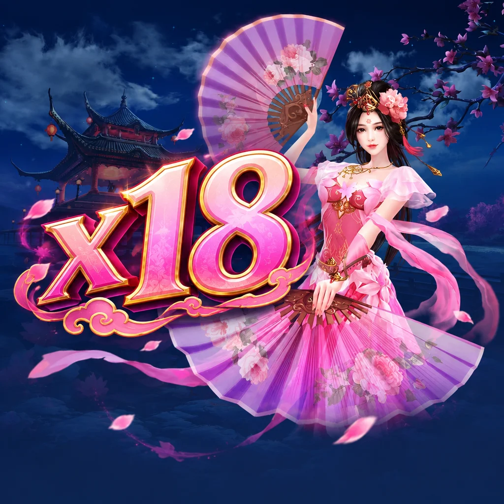 Karakter Diaochan berbusana merah muda memegang kipas dengan logo x18