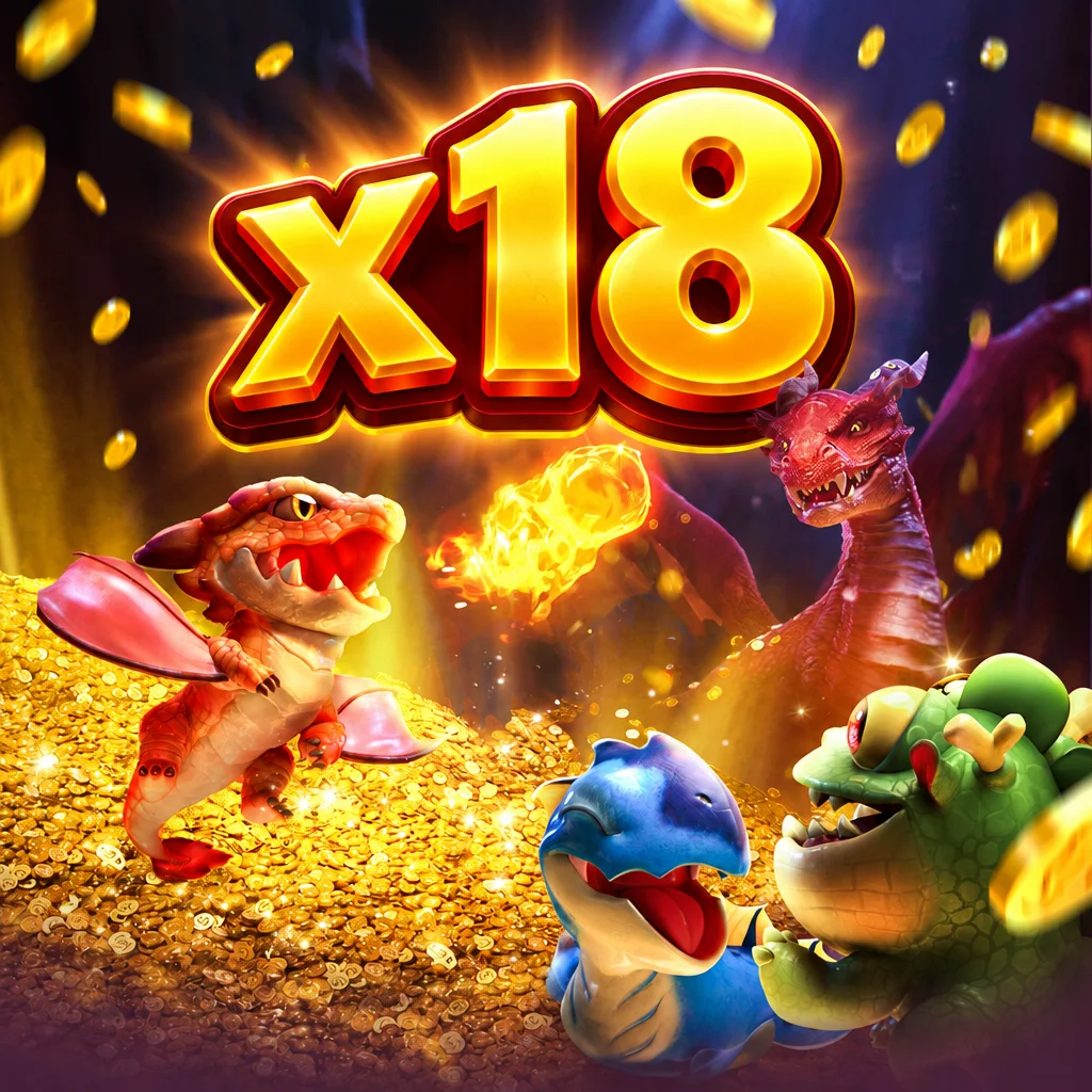Ilustrasi naga bertumpuk koin emas dan logo x18 dari game Dragon Hatch
